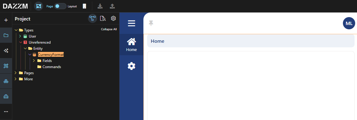 Project interface showing entity and currency format options in a software application.