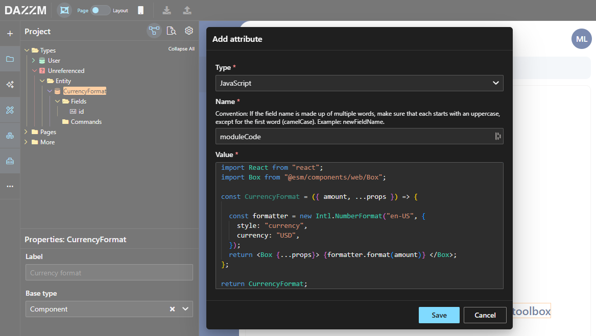 JavaScript code snippet for currency formatting using React and Intl.NumberFormat.