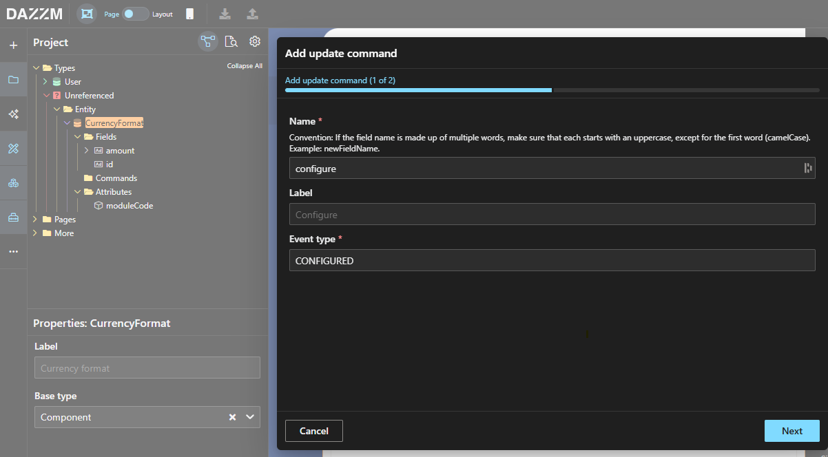 User interface for adding an update command with fields for name, label, and event type.