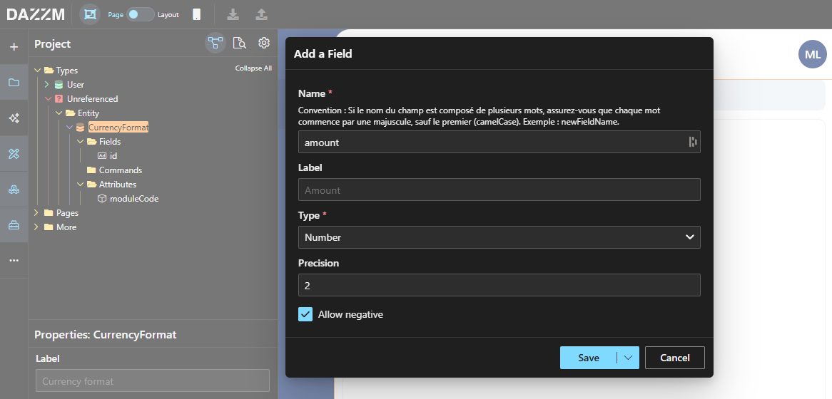 Interface for adding a field with options for name, label, type, and precision.