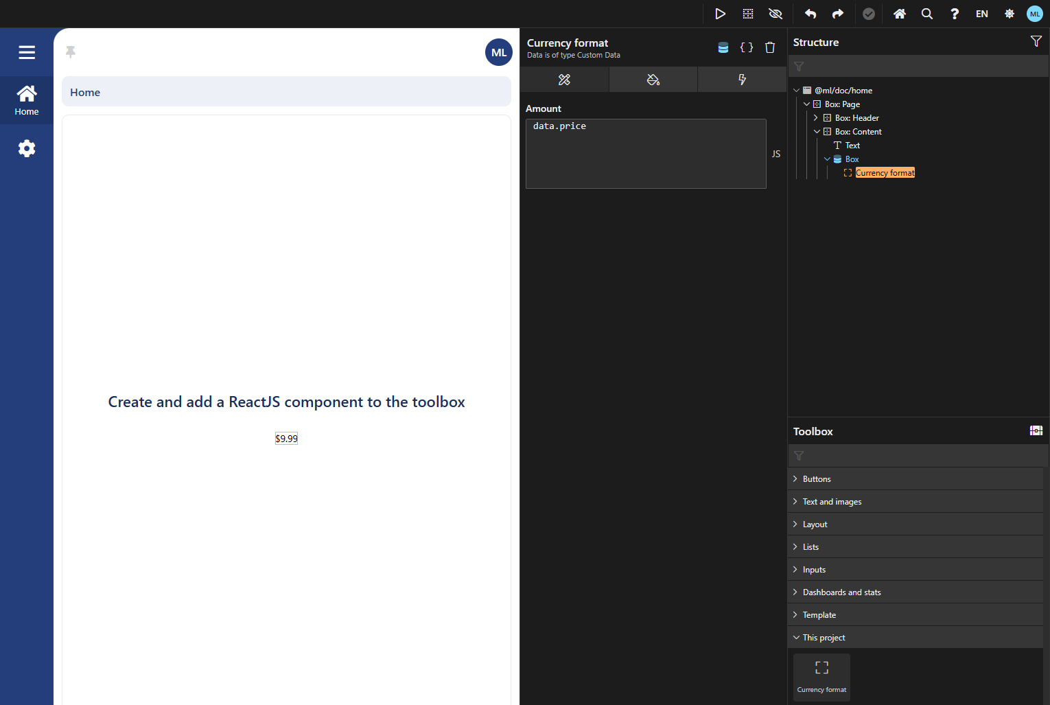 Interface displaying a ReactJS component creation guide with a price of $9.99.