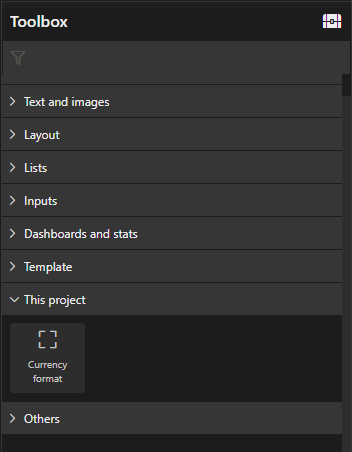 Toolbox menu displaying various project options including currency format and templates.